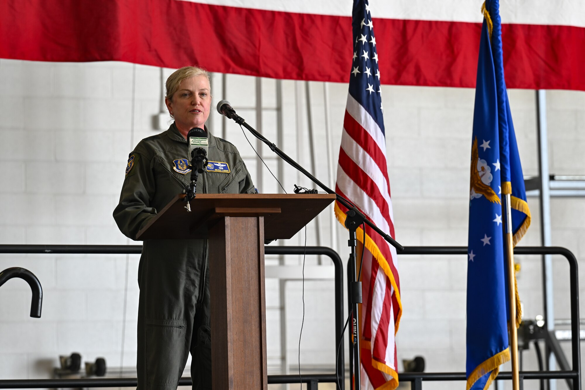 Maj. Gen. Melissa Coburn, commander of the 22nd Air Force, speaks at an arrival ceremony celebrating the 910th Airlift Wing’s first C-130J-30 Super Hercules aircraft on July 16, 2024, at Youngstown Air Reserve Station, Ohio.