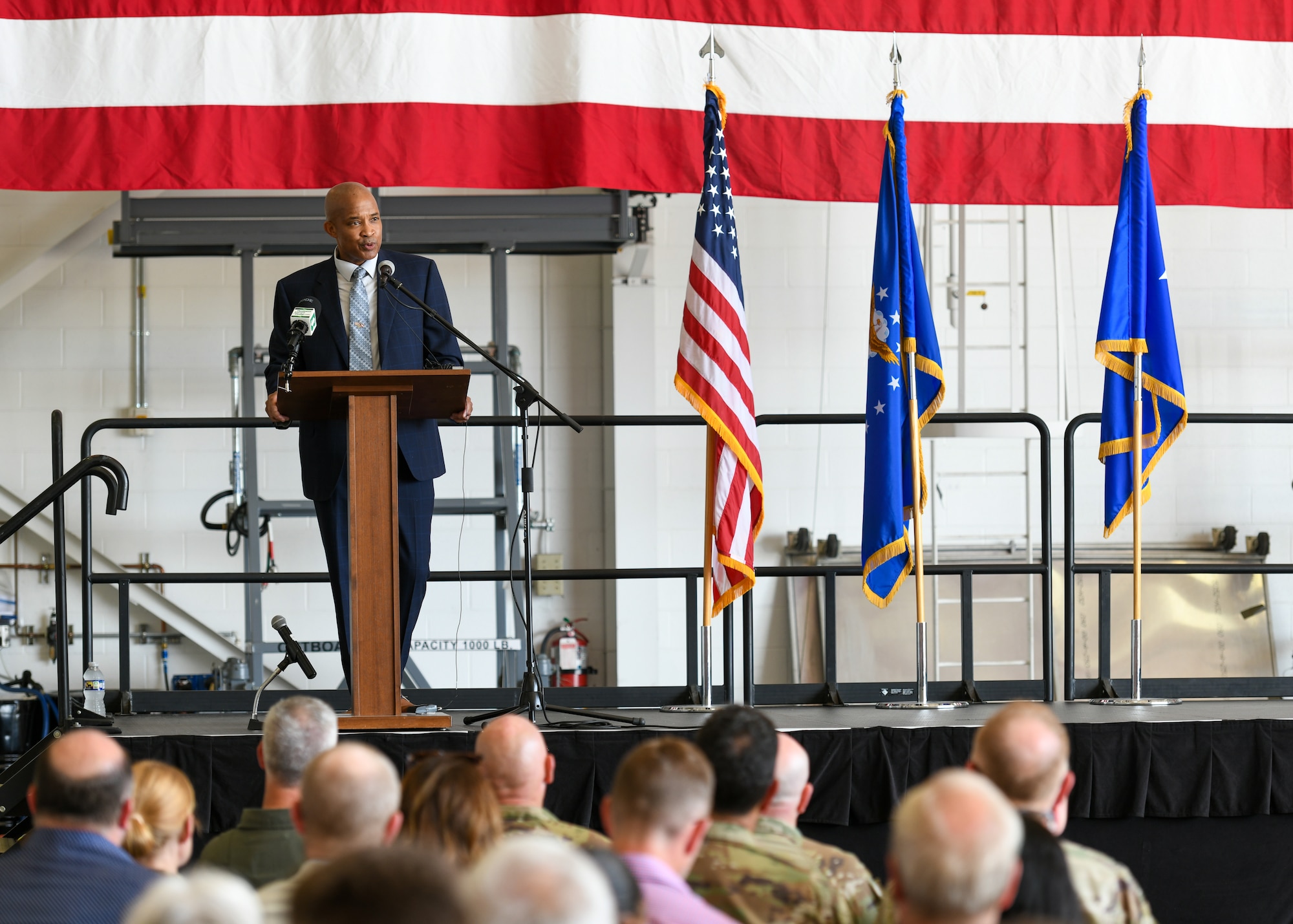 Bill “Shaggy” Andrews, Lockheed Martin vice president of air mobility and maritime missions domestic programs, speaks at an arrival ceremony celebrating the 910th Airlift Wing’s first C-130J-30 Super Hercules aircraft on July 16, 2024, at Youngstown Air Reserve Station, Ohio.