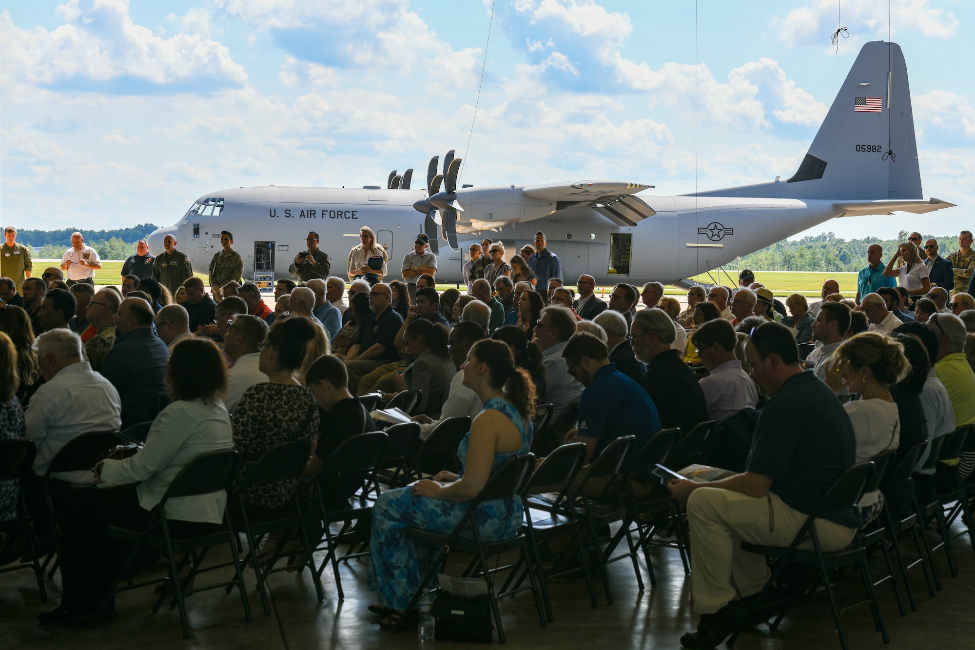 The 910th Airlift Wing’s first C-130J-30 Super Hercules aircraft is parked the arrival ceremony celebrating its debut on July 16, 2024, at Youngstown Air Reserve Station, Ohio.