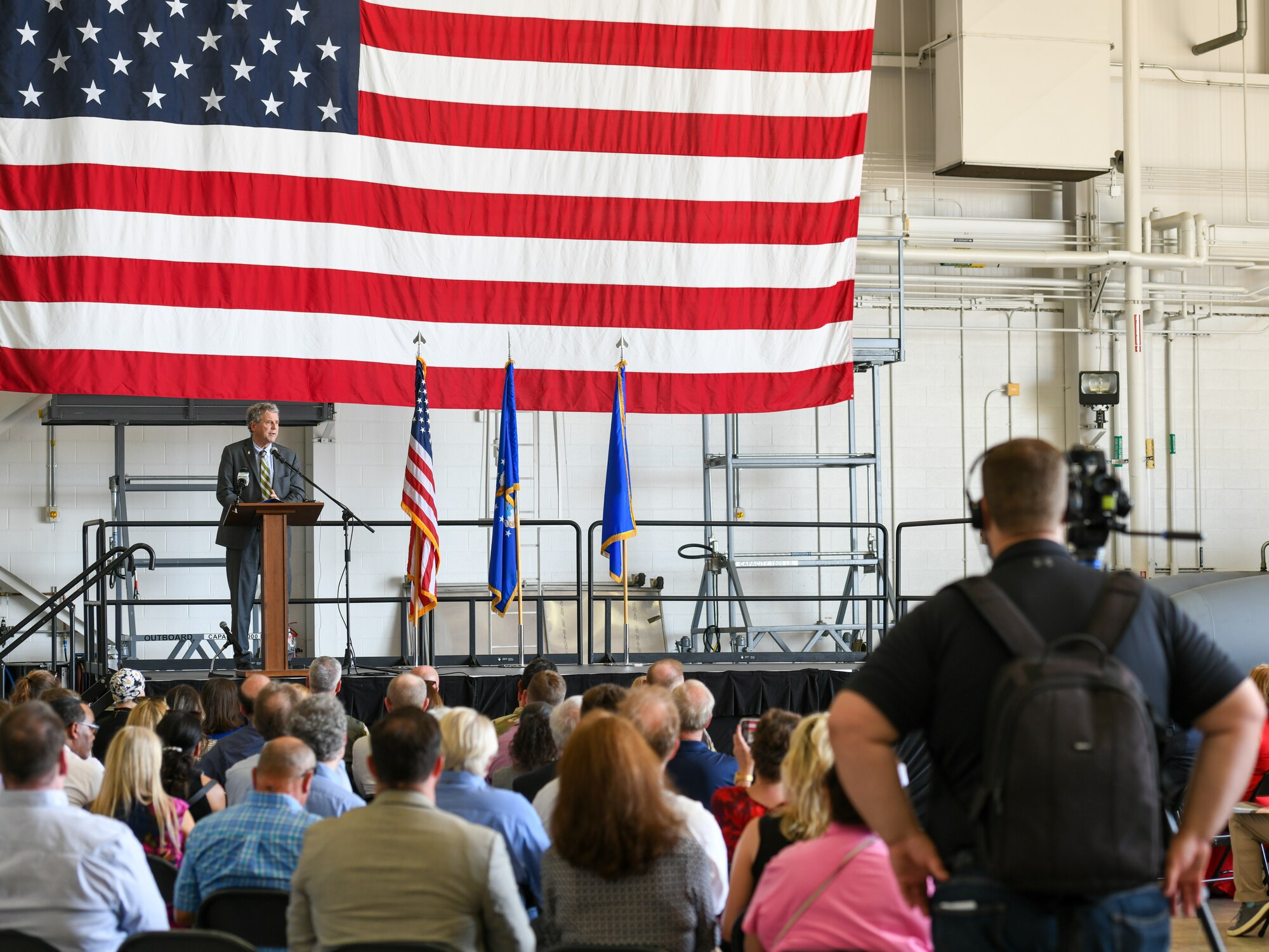 U.S. Senator Sherrod Brown, the senior senator representing Ohio, speaks at an arrival ceremony celebrating the 910th Airlift Wing’s first C-130J-30 Super Hercules aircraft on July 16, 2024, at Youngstown Air Reserve Station, Ohio.