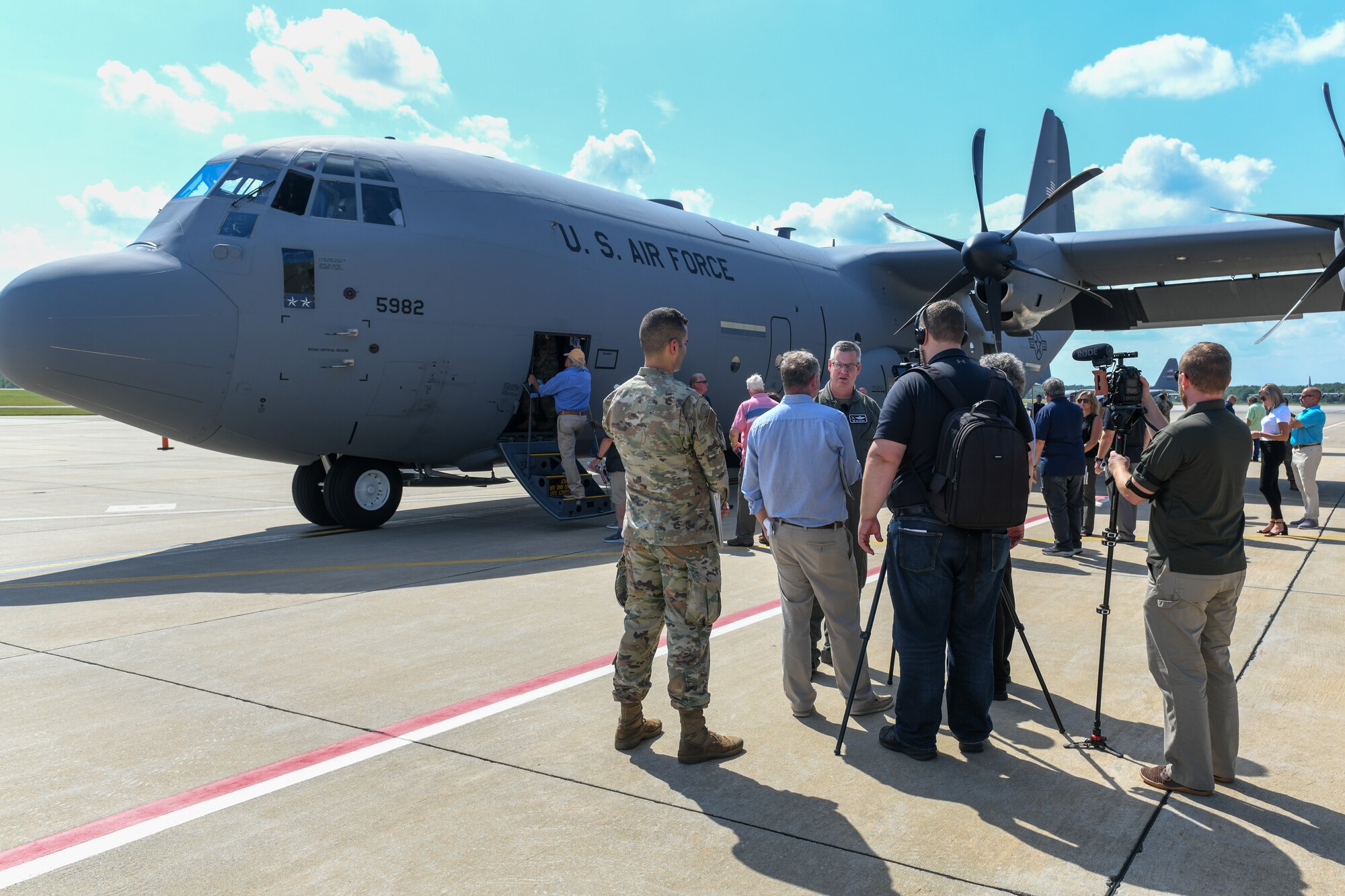 Col. Mike Maloney, commander of the 910th Airlift Wing, gives an interview in front of the 910th AW’s first C-130J-30 Super Hercules aircraft on July 16, 2024, at Youngstown Air Reserve Station, Ohio.