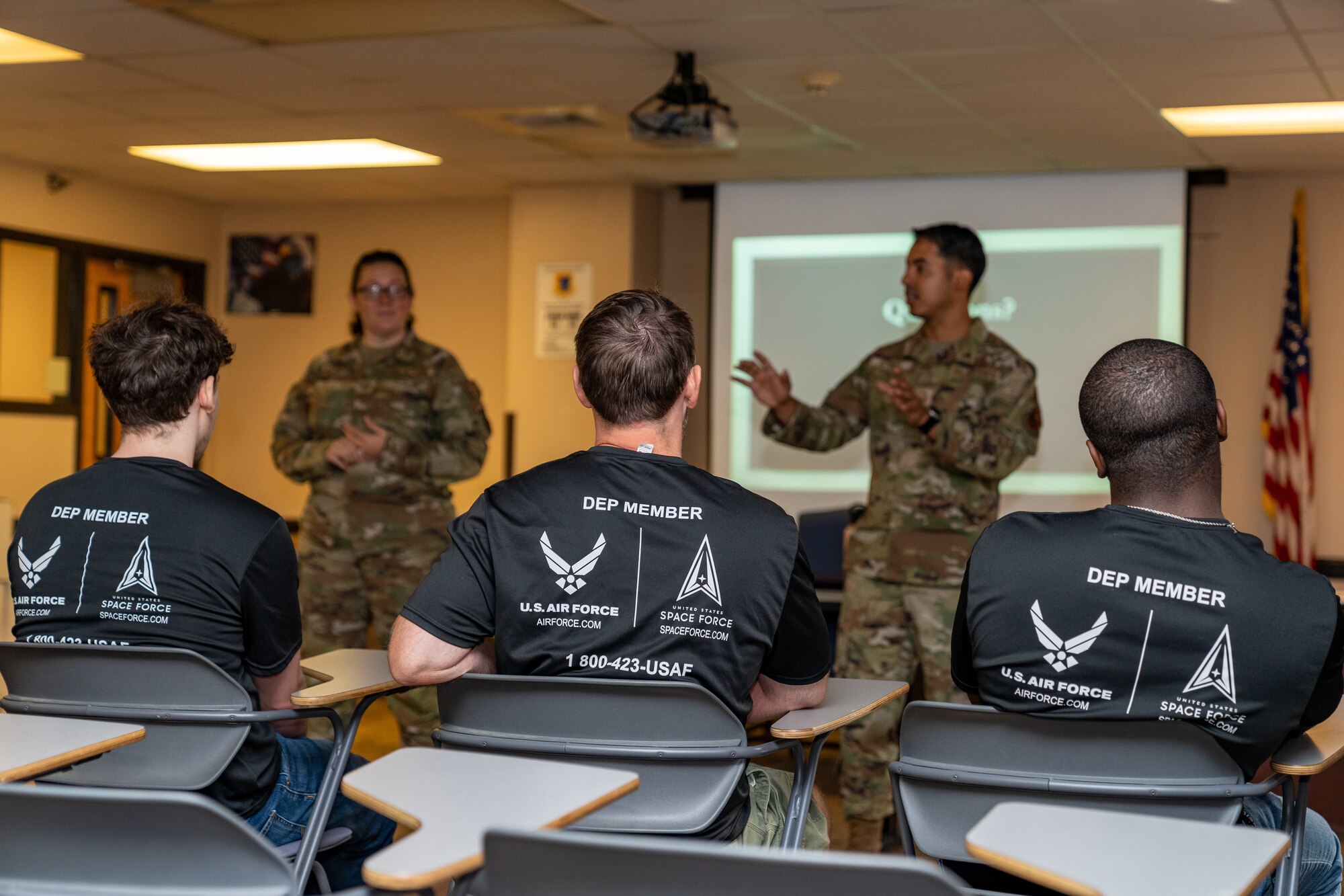 Enlistees assigned to the 331st Recruiting Squadron delayed entry program receive a briefing at the 336th Training Squadron during their tour of Keesler Air Force Base, Mississippi, July 11, 2024. These future Airmen and Guardians received the tour to better understand the various career fields within the Air Force and Space Force. (U.S. Air Force photo by Andrew Young)