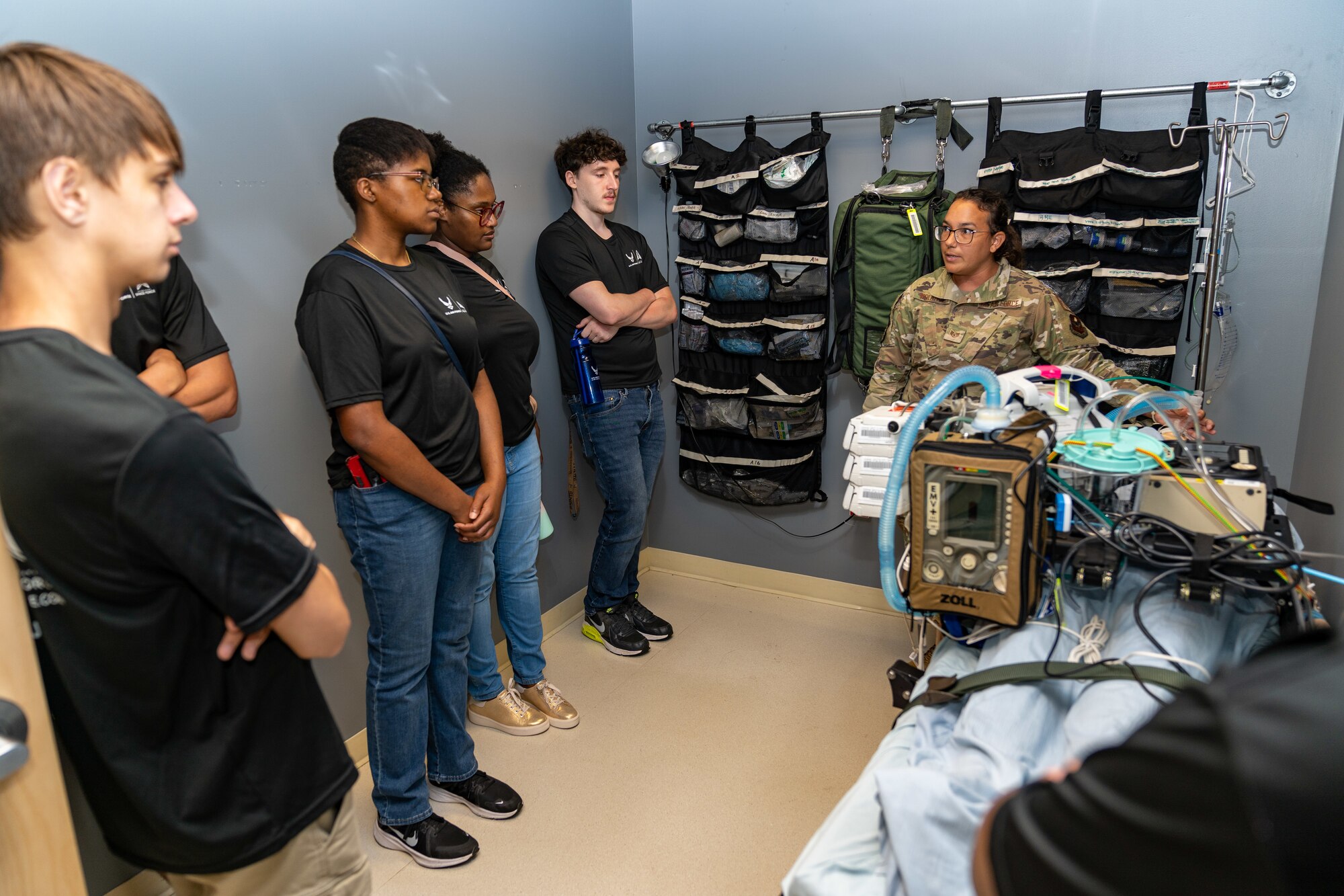 Enlistees assigned to the 331st Recruiting Squadron delayed entry program receive a briefing from the 81st Medical Group during their tour of Keesler Air Force Base, Mississippi, July 11, 2024. These future Airmen and Guardians received the tour to better understand the various career fields within the Air Force and Space Force.(U.S. Air Force photo by Andrew Young)
