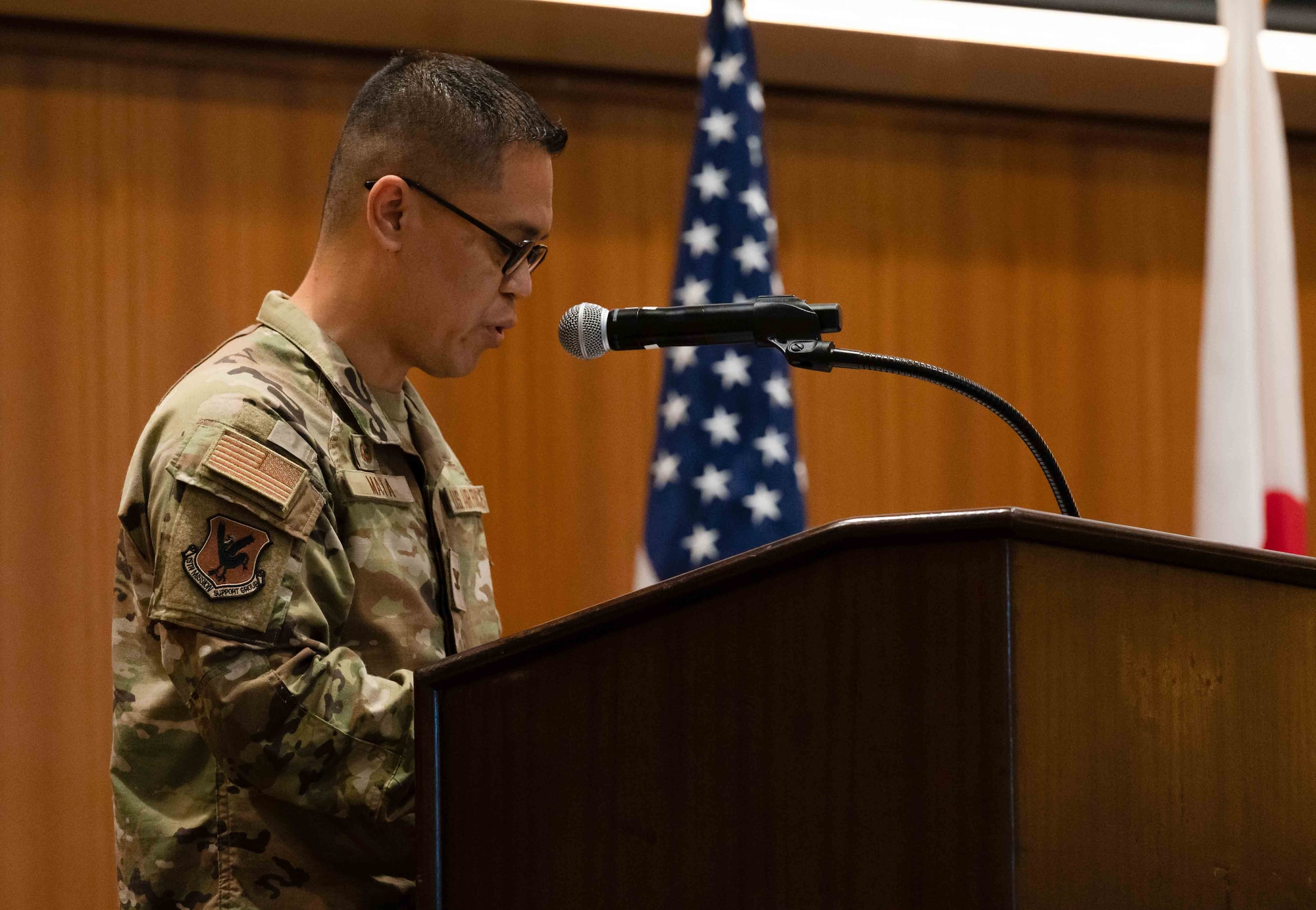 U.S. Air Force Col. Robinson Mata, incoming 18th Mission Support Group commander, speaks during the 18th MSG change of command ceremony at Kadena Air Base, Japan, July, 18, 2024.