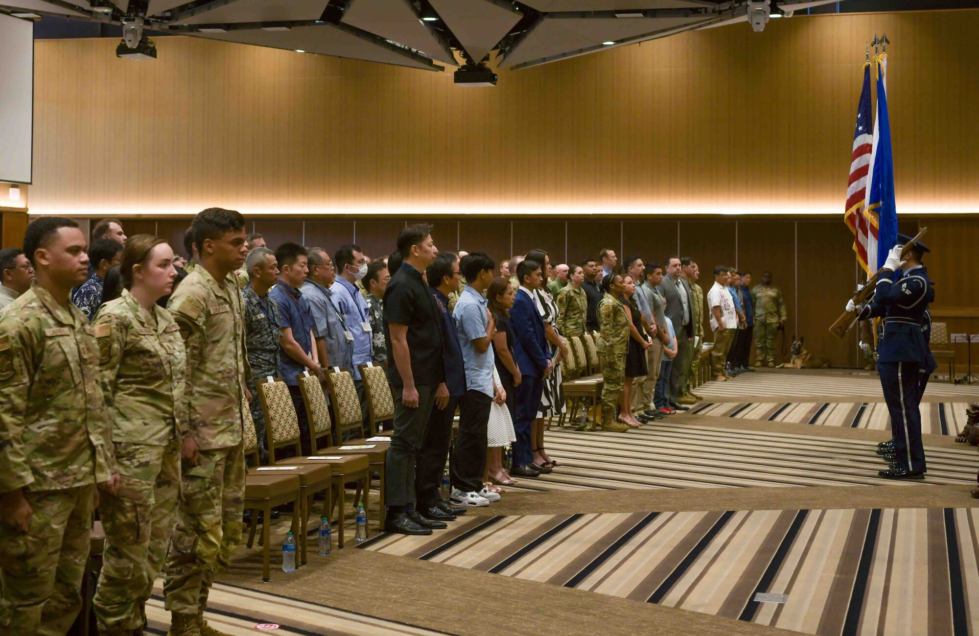 Members of the Kadena Honor Guard present the colors during the 18th Mission Support Group change of command ceremony at Kadena Air Base, Japan, July, 18, 2024.