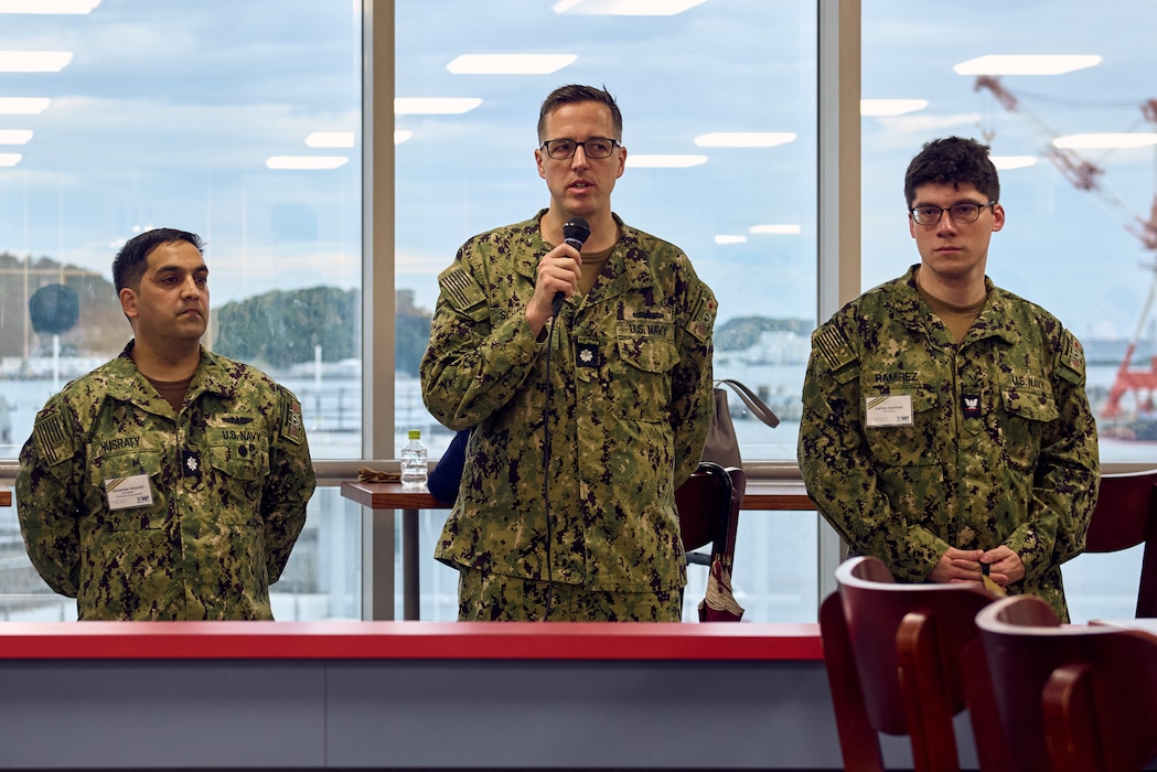 Cmdr. James Schoeberl, assigned to Navy Reserve Commander, Naval Forces Japan Enterprise, gives a speech during the Navy Reserve Networking and Information event at the Commander, Fleet Activities Yokosuka’s James D. Kelly Fleet Recreation Center July 11, 2024.