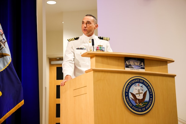 Carderock's new Commanding Officer Capt. Christopher K. Matassa speaks to his newly assumed workforce at the Raye Montague Center for Maritime Technology in West Bethesda, Md., on July 17, 2024.