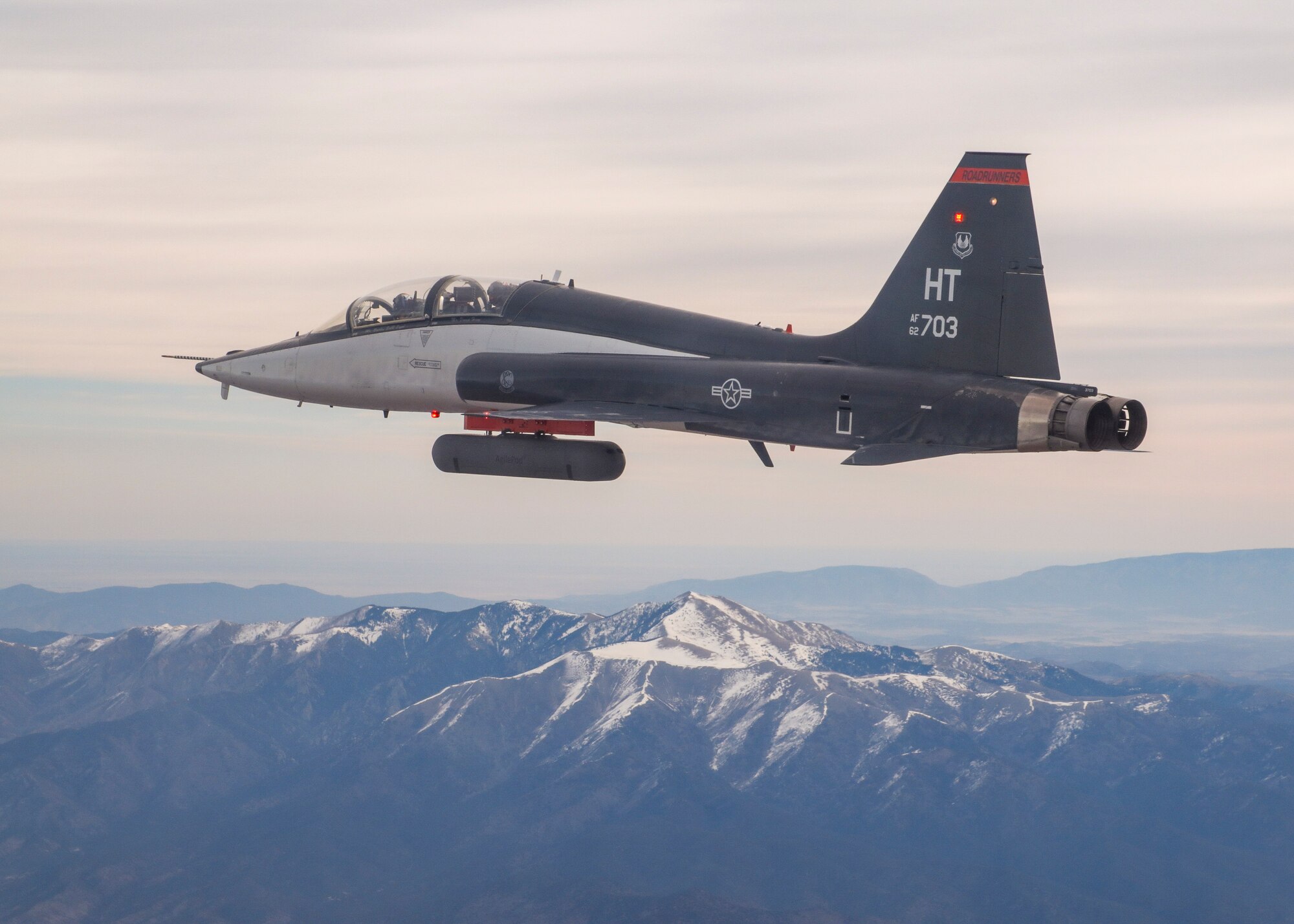 A T-38C with an attached AgilePod flown by Steven Ross, Air Force Test Pilot School Flight Sciences Technical Expert and Instructor Test Pilot, conducts a flight test in the skies over Southern California. (Courtesy photo)