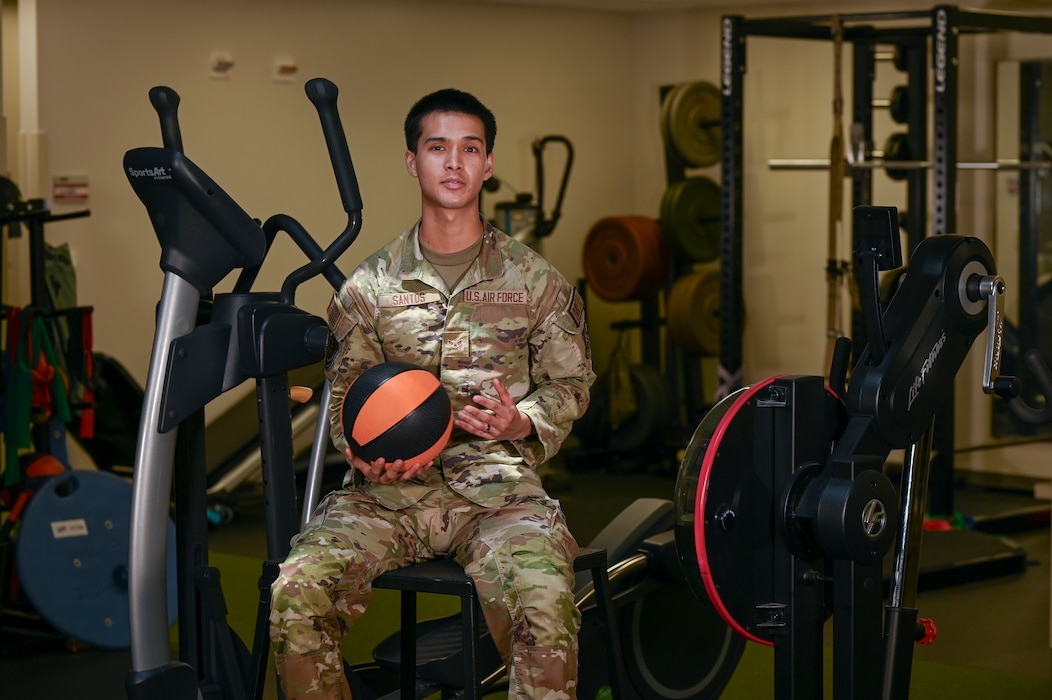 U.S. Air Force Airman 1st Class Nicholas Santos, 375th Medical Group physical therapy technician, Keesler Air Force Base, Mississippi, poses for a portrait photograph at Beale Air Force Base, California, July 11, 2024.