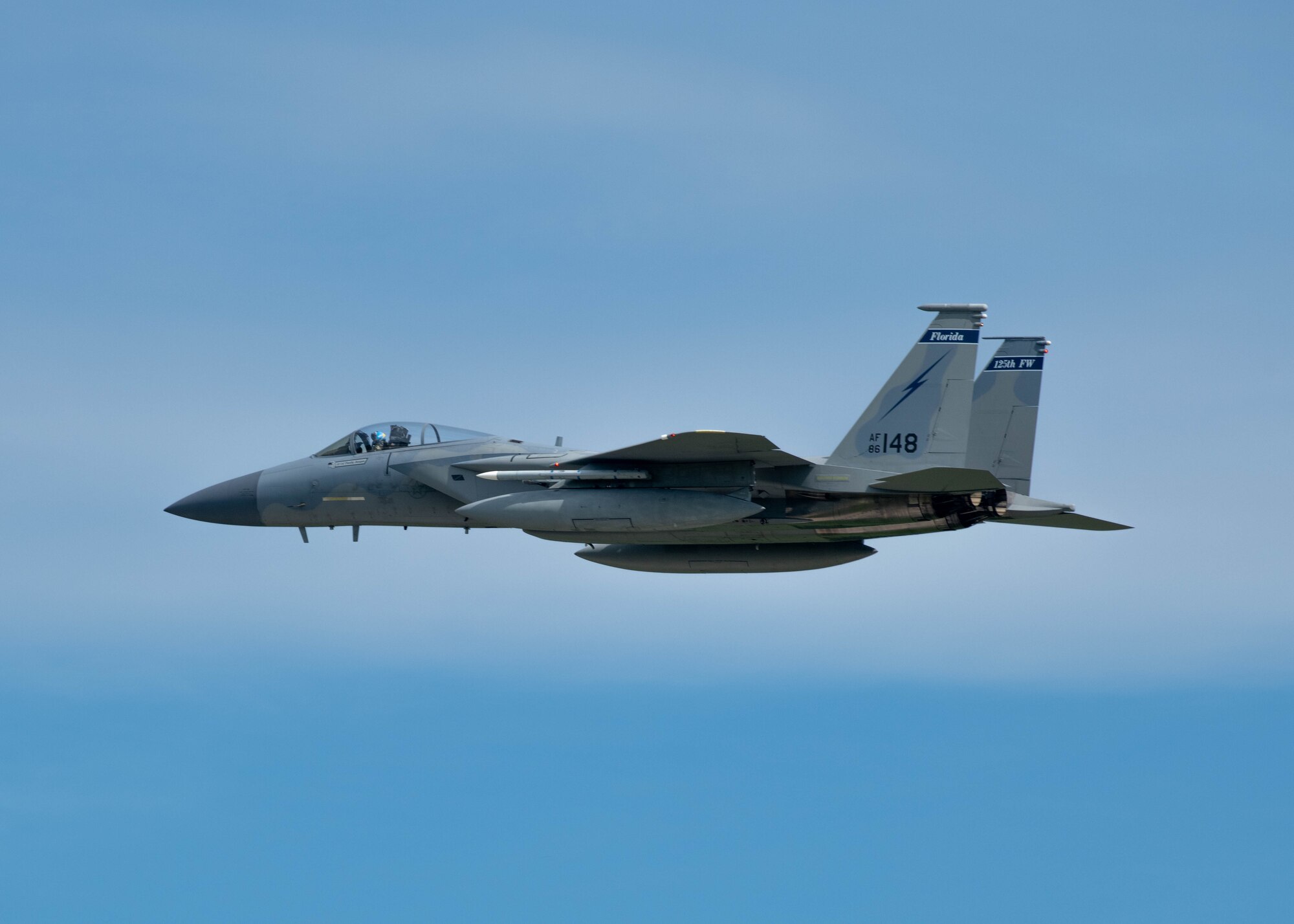 An F-15C Eagle assigned to the 125th Fighter Wing performs a training sortie at Jacksonville Air National Guard Base, Florida, July 11, 2024. The F-15 Eagles are leaving the 125th FW near the end of 2024, representing another step in the 125th FW’s transition to the F-35 Lightning II. The unit expects to receive the first batch of F-35 aircraft in early 2025. (U.S. Air National Guard photo by Senior Airman Brooke Keisler)