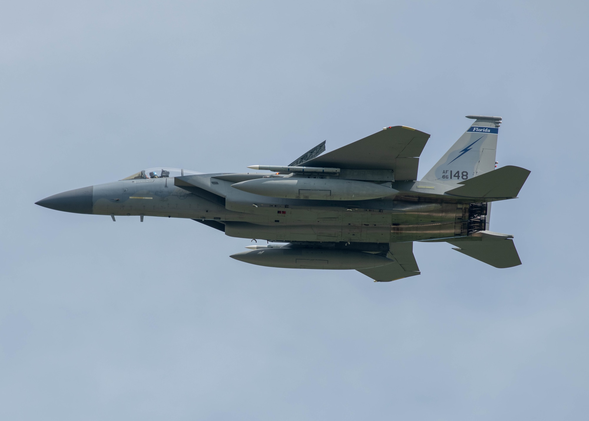 An F-15C Eagle assigned to the 125th Fighter Wing performs a training sortie at Jacksonville Air National Guard Base, Florida, July 11, 2024. The F-15 Eagles are leaving the 125th FW near the end of 2024, representing another step in the 125th FW’s transition to the F-35 Lightning II. The arrival of the F-35 airframe in early 2025 will equip the wing with the Air Force’s most sophisticated fifth-generation fighter, will posture Airmen to meet air superiority and global strike needs for our nation’s defense, and will mark the end of the wing’s 30-year era flying F-15 fighter jets. (U.S. Air National Guard photo by Senior Airman Brooke Keisler)