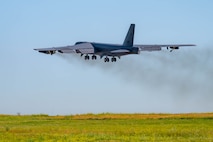 A B-52H Stratofortress takes off in support of exercise AGILE WARBIRD at at Minot Air Force Base, North Dakota, July 15, 2024. Agile Combat Employment exercises like these sharpen Airmen’s ability to mobilize quickly and ensure they are prepared to operate Minot bombers from anywhere at a moment’s notice. (U.S. Air Force photo by Senior Airman Alexander Nottingham)