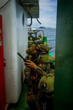 Philippine Special Forces soldiers conduct Visit, Board, Search and Seizure drills during a Joint Maritime Security Training Exercise off the coast of Jolo Island, Philippines, April 16, 2024.
