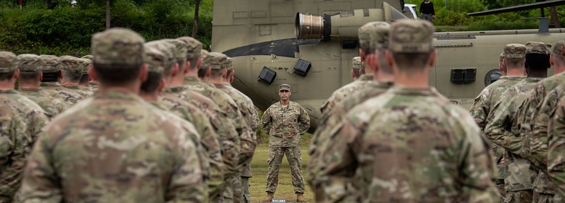 U.S. Soldiers stand in formation during the opening ceremony for Orient shield 24 at Aibano Training Area, Japan, July 18, 2024.