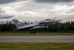 A French Rafale fighter jet takes off from the runway during Arctic Defender 24 at Eielson Air Force Base, Alaska, July 8, 2024. International allies including France, Spain and Germany participate in multilateral combat training such as AD24 to enhance interoperability, build trust and evolve airpower. (U.S. Air Force photo by Staff Sgt. Kelsea Caballero)
