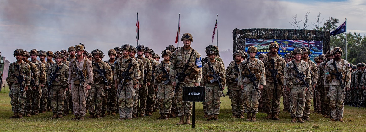 U.S. Army Soldiers assigned to 3rd Squadron, 4th Cavalry Regiment, 3rd Infantry Brigade Combat Team, 25th Infantry Division and U.S. Marines conduct the opening ceremony for Keris Strike 24 in Fort Paradise, Malaysia, June 28, 2024.