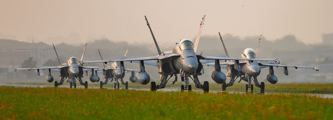U.S. Marine Corps F/A-18 Hornet aircraft, with Marine All-Weather Fighter Attack Squadron (VMFA(AW)) 224, Marine Aircraft Group 31, 2nd Marine Aircraft Wing, taxi the flight line at Suwon Air Base, South Korea, July 12, 2024.