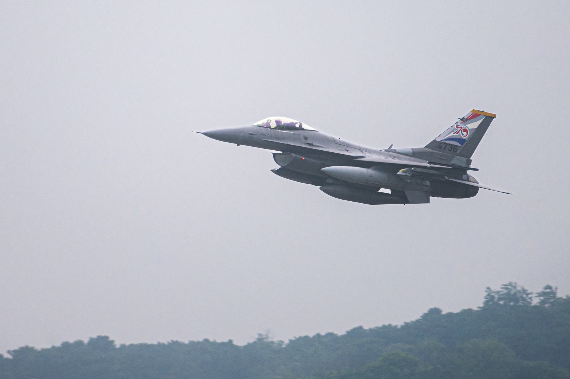 A gray F-16 fighter jet flies in a gray sky with the tops of green trees along the bottom of the photo.