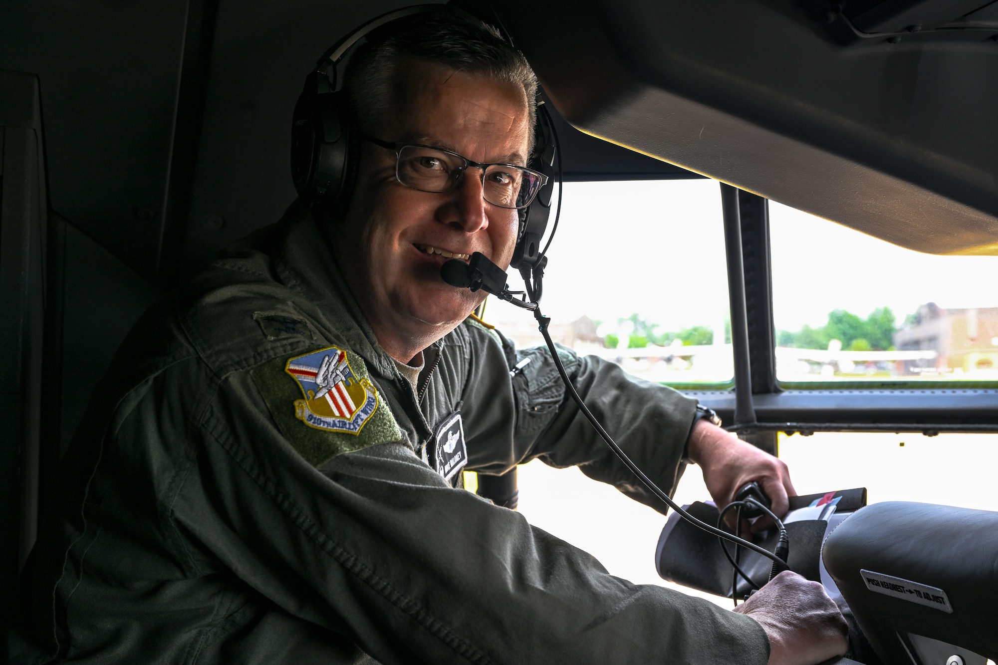Col. Michael Maloney, 910th Airlift Wing commander, poses for a photo after the C-130J-30 Super Hercules aircraft landed at Youngstown Air Reserve Station, Ohio, July 16, 2024.