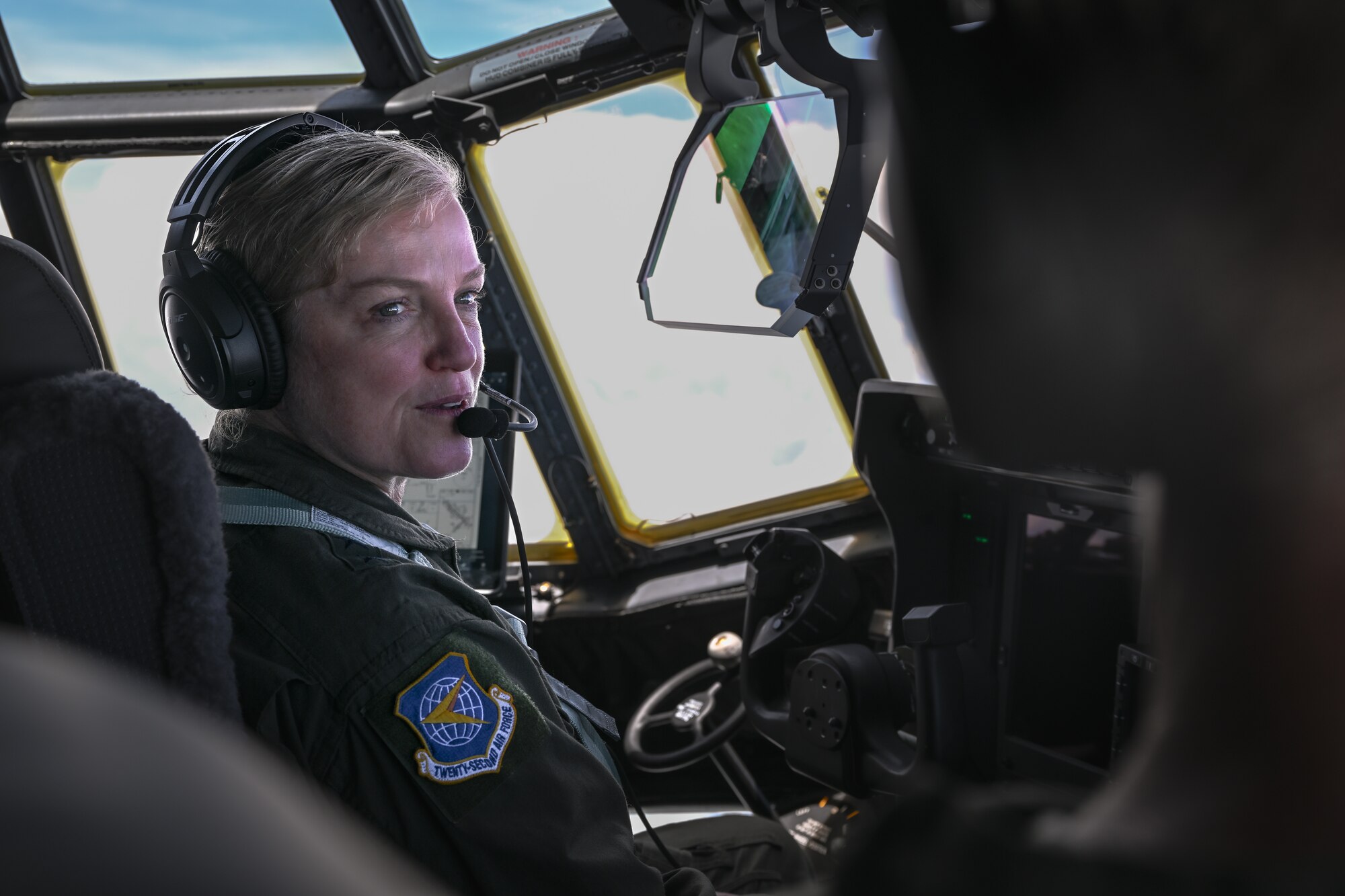 Maj. Gen. Melissa Coburn, 22nd Air Force commander, pilots the C-130J-30 Super Hercules aircraft over the southern United States, July 16, 2024.