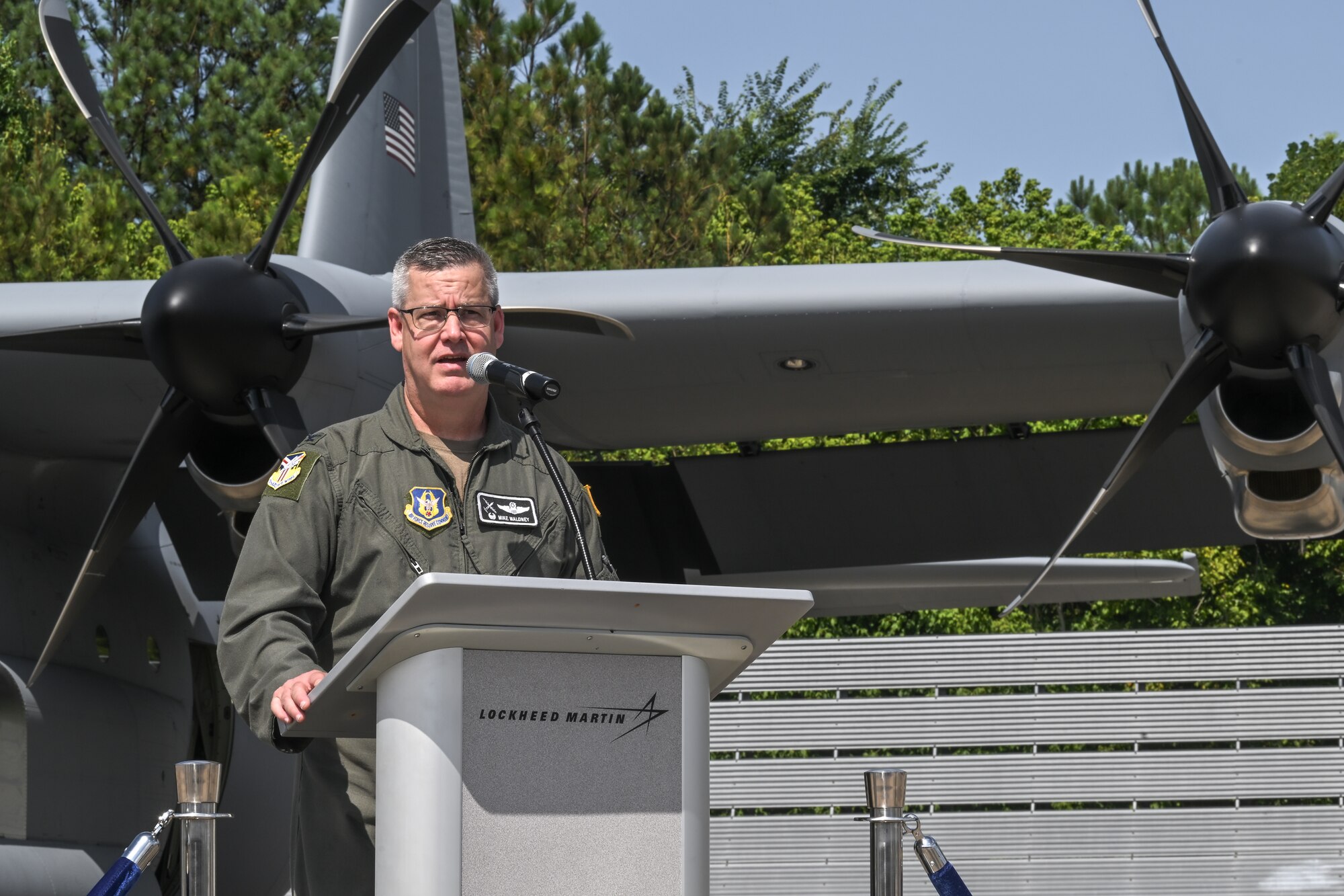 Col. Michael Maloney, 910th Airlift Wing commander, speaks during a key ceremony at the Lockheed Martin production facility, Marietta, Georgia, July 16, 2024.