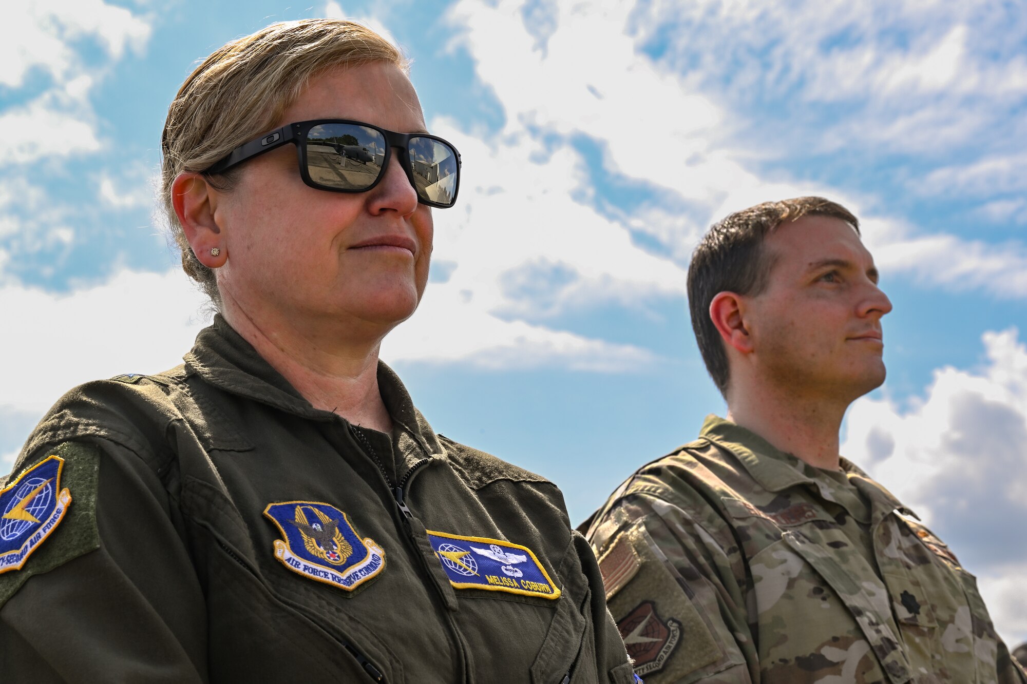 Maj. Gen. Melissa Coburn, 22nd Air Force commander, listens to welcome statements during a key ceremony for the new C-130J-30 Super Hercules at the Lockheed Martin production facility, Marietta, Georgia, July 16, 2024.