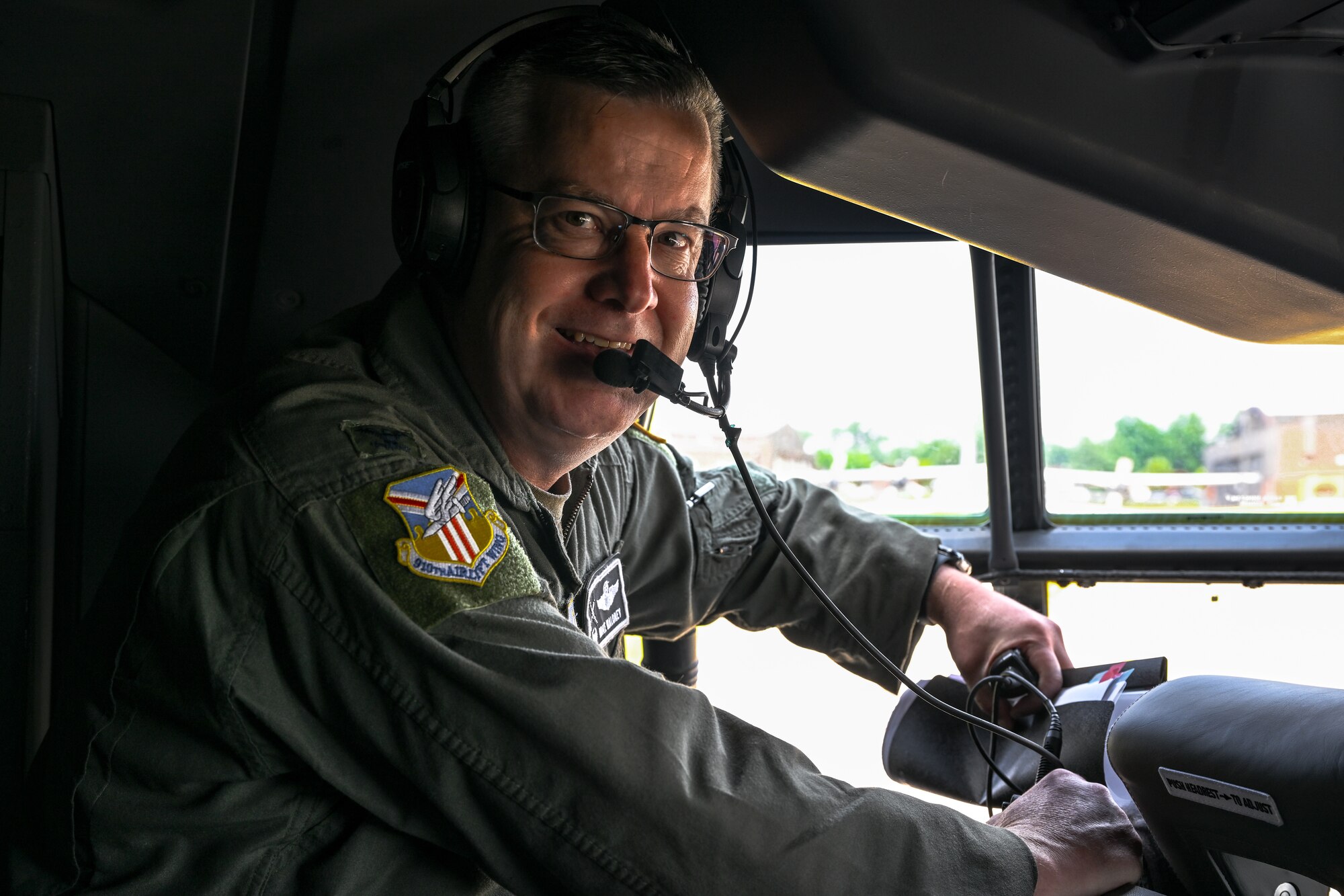 Col. Michael Maloney, 910th Airlift Wing commander, poses for a photo after the C-130J-30 Super Hercules aircraft landed at Youngstown Air Reserve Station, Ohio, July 16, 2024.