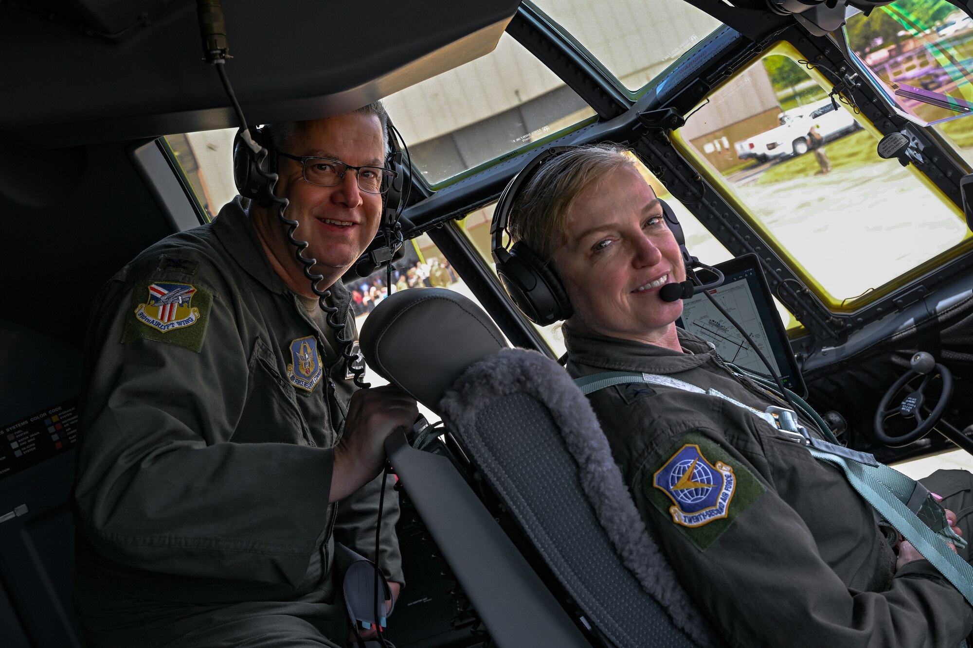 Col. Michael Maloney, 910th Airlift Wing commander, and Maj. Gen. Melissa Coburn, 22nd Air Force commander, pose for a photo after the C-130J-30 Super Hercules aircraft landed at Youngstown Air Reserve Station, Ohio, July 16, 2024.