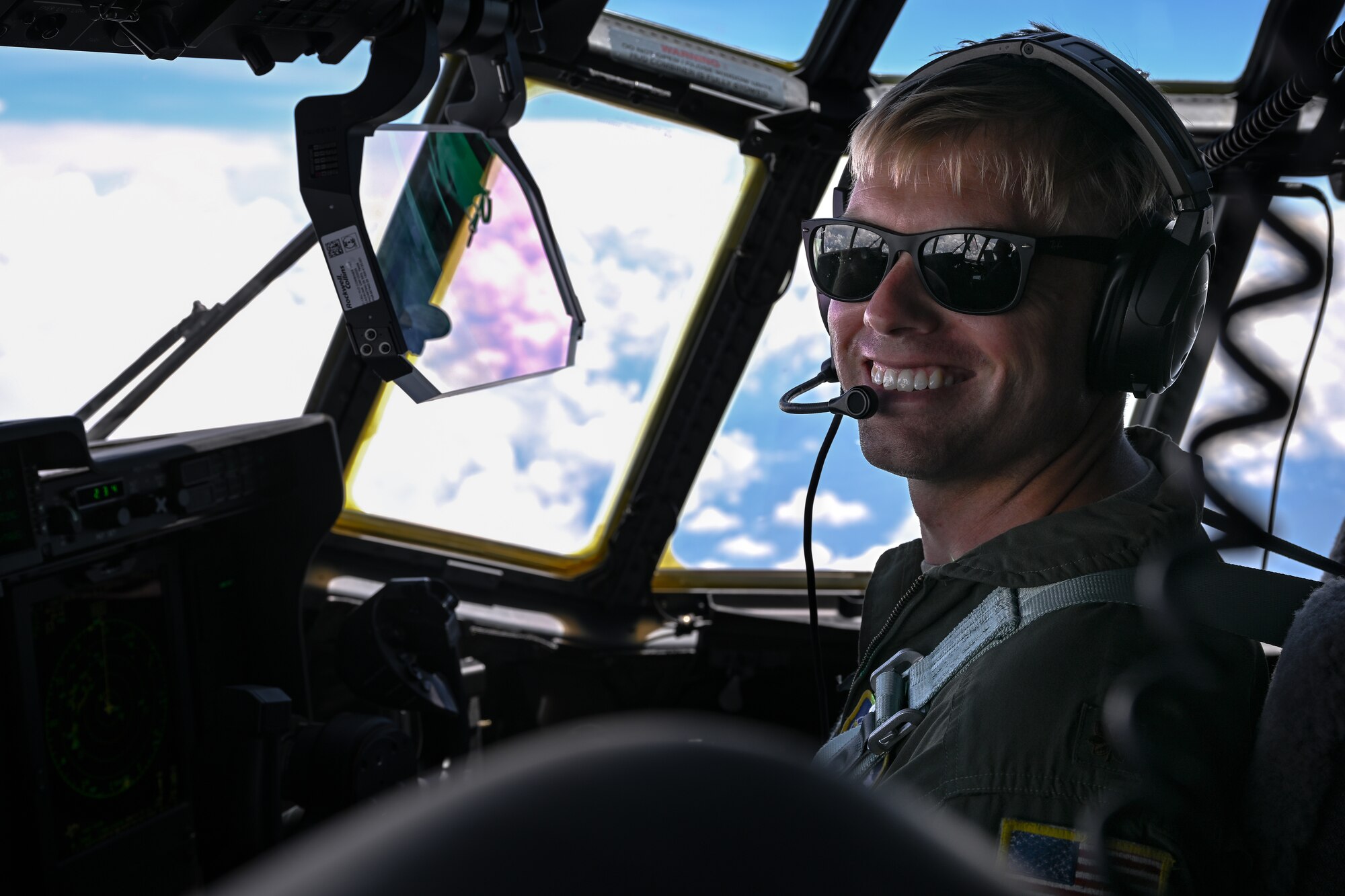 Maj. Kirk Habrun, 22nd AF pilot flight examiner, pilots the C-130J-30 Super Hercules aircraft over the southern United States, July 16, 2024.