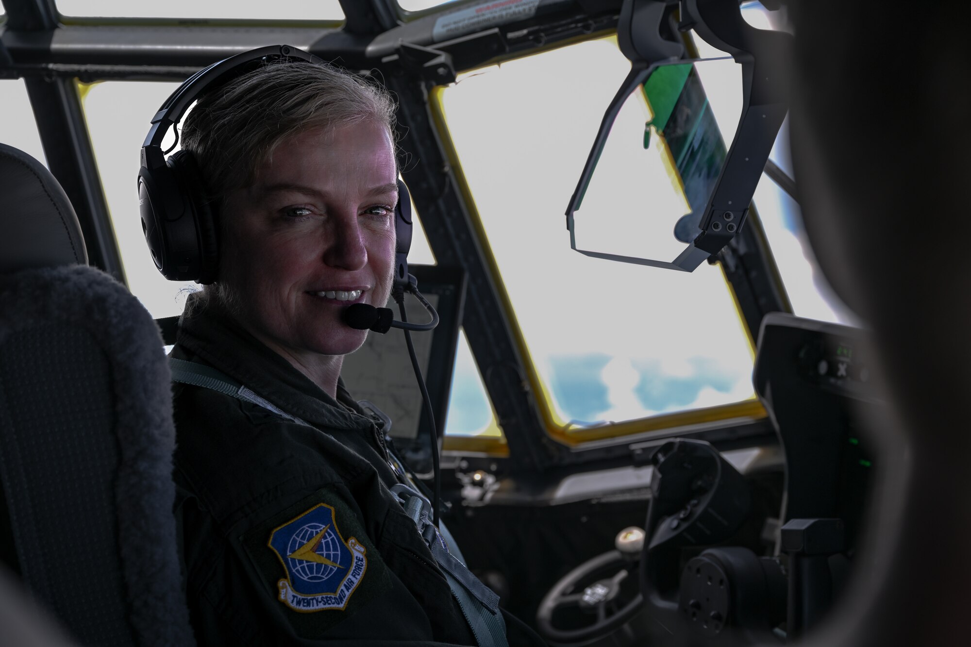 Maj. Gen. Melissa Coburn, 22nd Air Force commander, pilots the C-130J-30 Super Hercules aircraft over the southern United States, July 16, 2024.