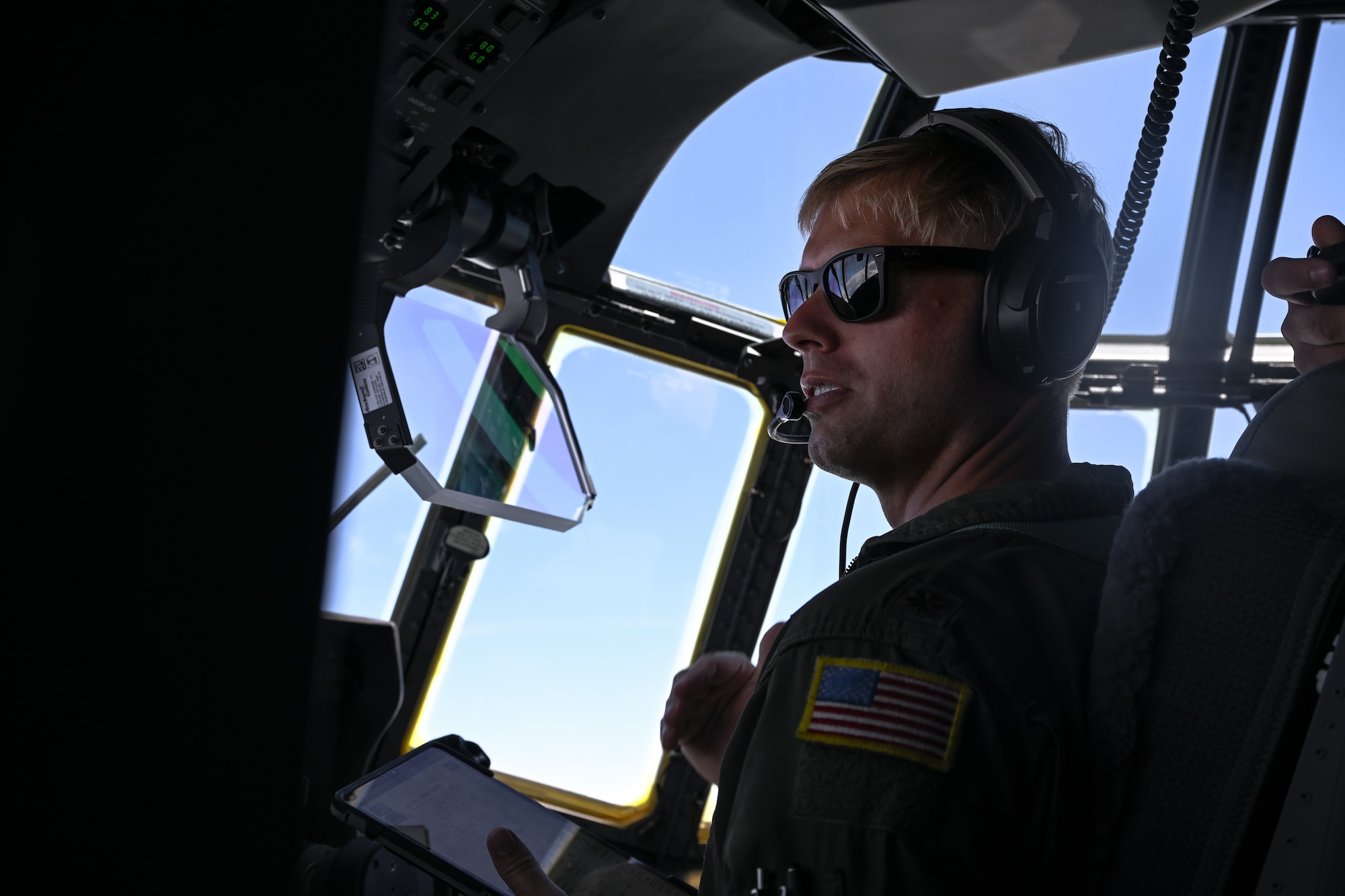 Maj. Kirk Habrun, 22nd AF pilot flight examiner, pilots the C-130J-30 Super Hercules aircraft over the southern United States, July 16, 2024.