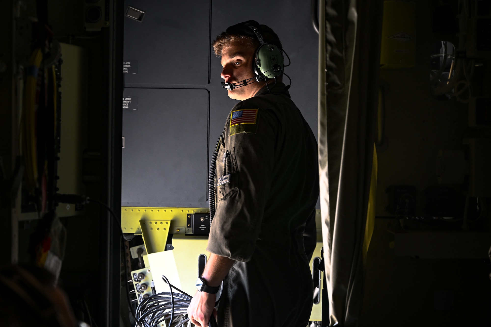 Staff Sgt. Gage Roth, 757th Airlift Squadron loadmaster, performs preflight duties prior to takeoff on the C-130J-30 Super Hercules at the Lockheed Martin production facility, Marietta, Georgia, July 16, 2024.