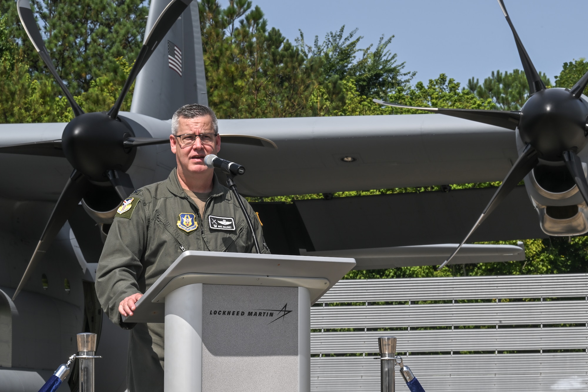 Col. Michael Maloney, 910th Airlift Wing commander, speaks during a key ceremony at the Lockheed Martin production facility, Marietta, Georgia, July 16, 2024.