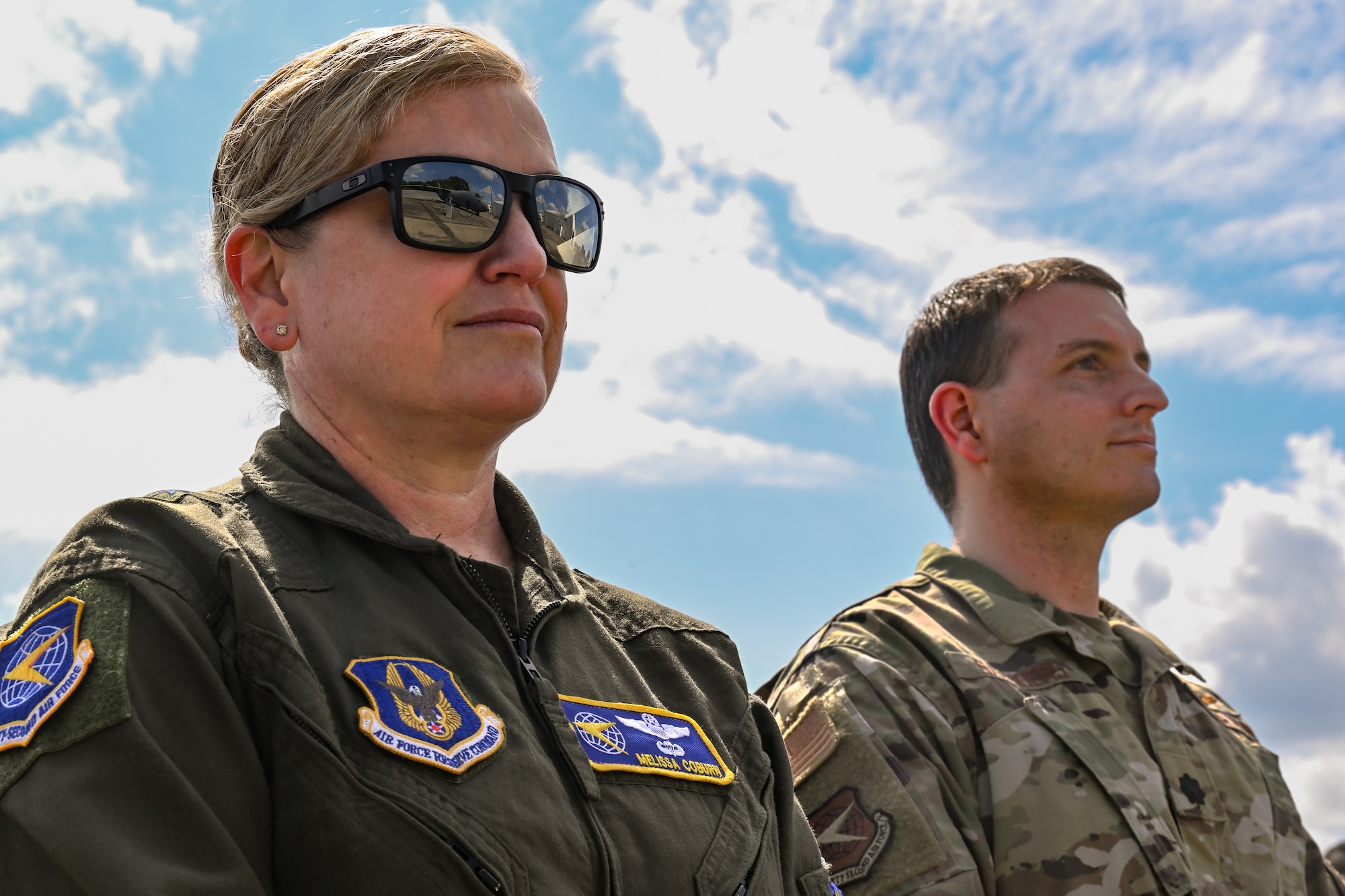 Maj. Gen. Melissa Coburn, 22nd Air Force commander, listens to welcome statements during a key ceremony for the new C-130J-30 Super Hercules at the Lockheed Martin production facility, Marietta, Georgia, July 16, 2024.