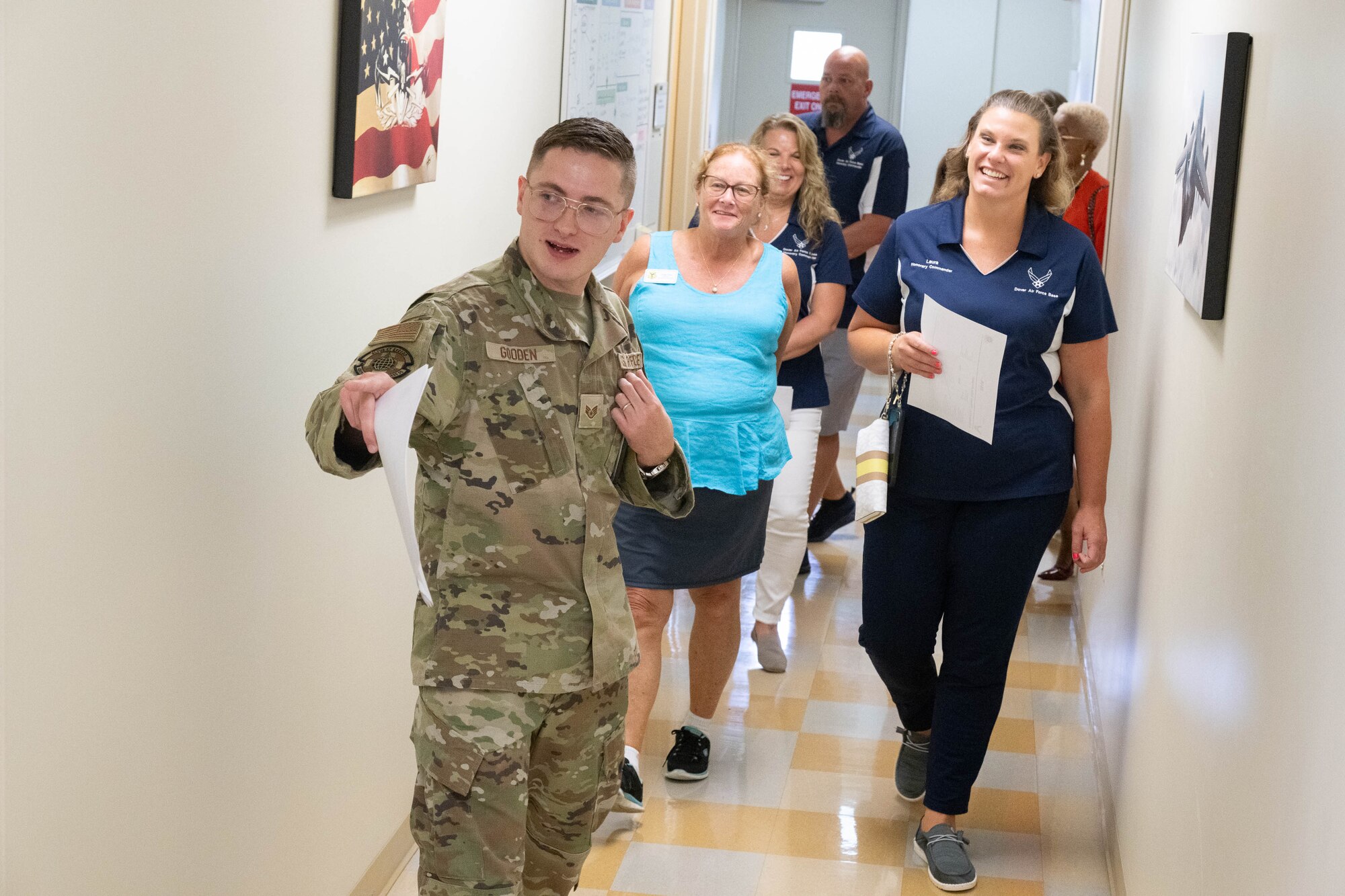U.S. Air Force Staff Sgt. Jordan Gooden, 436th Operational Medical Readiness Squadron medical technician, shows the family clinic a group of honorary commanders during a tour of the medical clinic at Dover Air Force Base, Delaware, July 18, 2024. The HCCs toured various elements of the 436th MDG to familiarize them with the group's facilities, mission and capabilities. (U.S. Air Force photo by Mauricio Campino)
