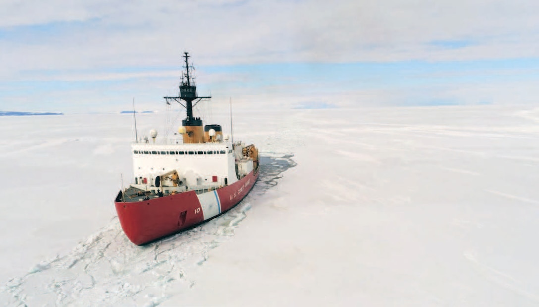 Coast Guard Cutter Polar Star breaks channel through ice in McMurdo Sound, Antarctica.