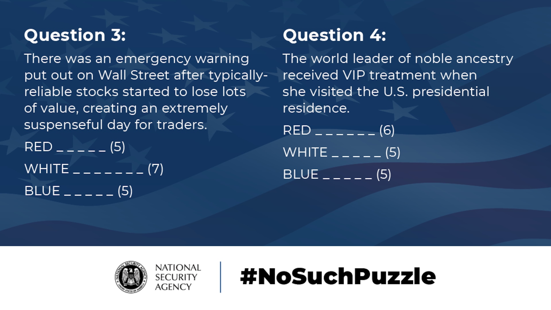 No Such Puzzle: Red, White, and Blue Clues Second Question Set Graphic