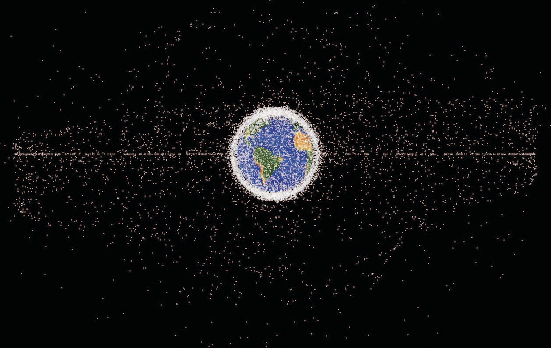 Computer-generated image from ~35,785 km altitude vantage point
of objects in geostationary orbit currently being tracked (orbital
debris makes up 95 percent of objects in image). Dots are not to
scale and represent current location of each item.