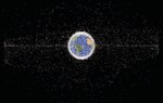 Computer-generated image from ~35,785 km altitude vantage point
of objects in geostationary orbit currently being tracked (orbital
debris makes up 95 percent of objects in image). Dots are not to
scale and represent current location of each item.
