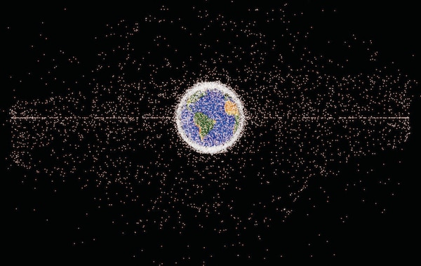 Computer-generated image from ~35,785 km altitude vantage point
of objects in geostationary orbit currently being tracked (orbital
debris makes up 95 percent of objects in image). Dots are not to
scale and represent current location of each item as of January 1,
2019.
