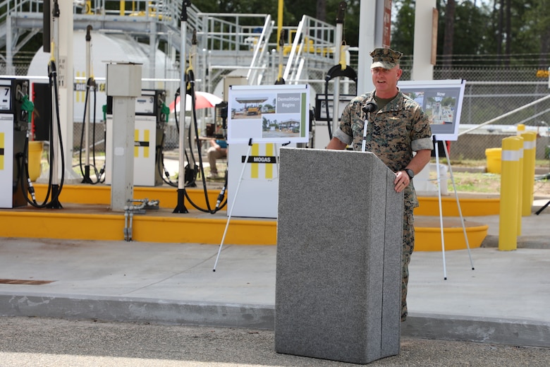 Marine Corps Col. Matthew McKinney, MCLB commander, gives a key-note speech during a ribbon cutting ceremony for a new ground fuels station, Albany Ga., July 10.