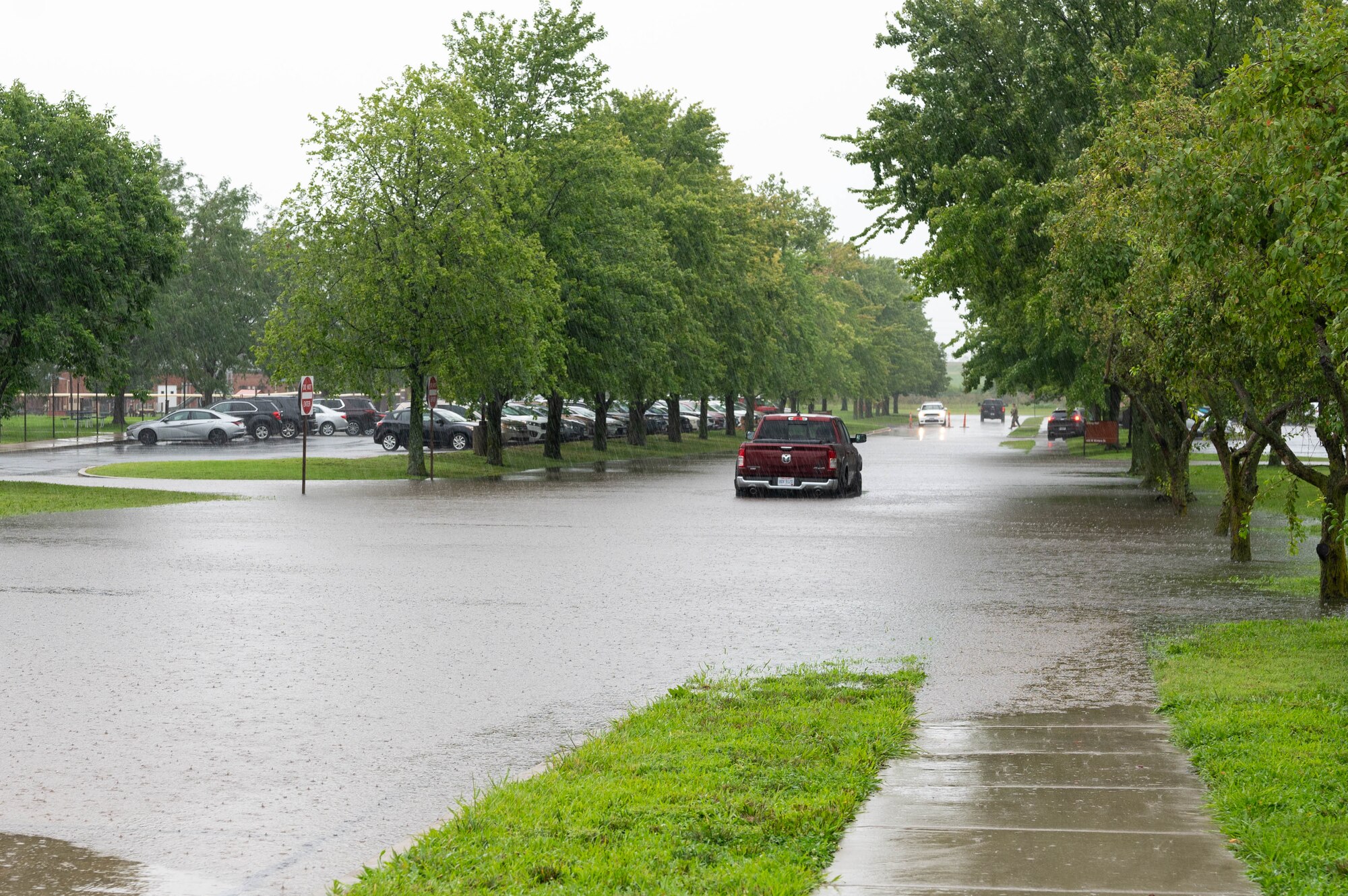 truck is stranded on the road is rising water levels
