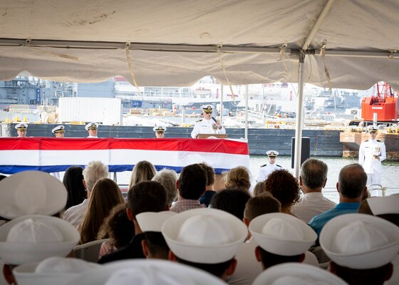 Capt. Timothy Poe, Submarine Force Atlantic’s director of operations, delivers remarks as the guest speaker during the Virginia-class fast-attack submarine USS Washington’s (SSN 787) change of command ceremony onboard Naval Station Norfolk, July 19, 2024.