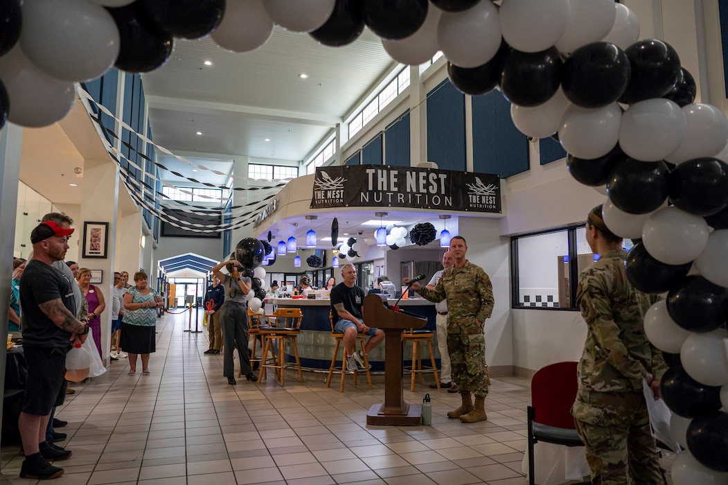 U.S. Air Force Col. Ken Roberts, 23rd Mission Support Group commander, speaks during a ribbon cutting ceremony at Moody Air Force Base, Georgia, July 16, 2024. Offering more on base healthy food options enables Airmen stationed at Moody AFB to focus on their physical fitness, mental well-being, and overall healthy eating habits, (U.S. Air Force photo by Airman 1st Class Leonid Soubbotine)