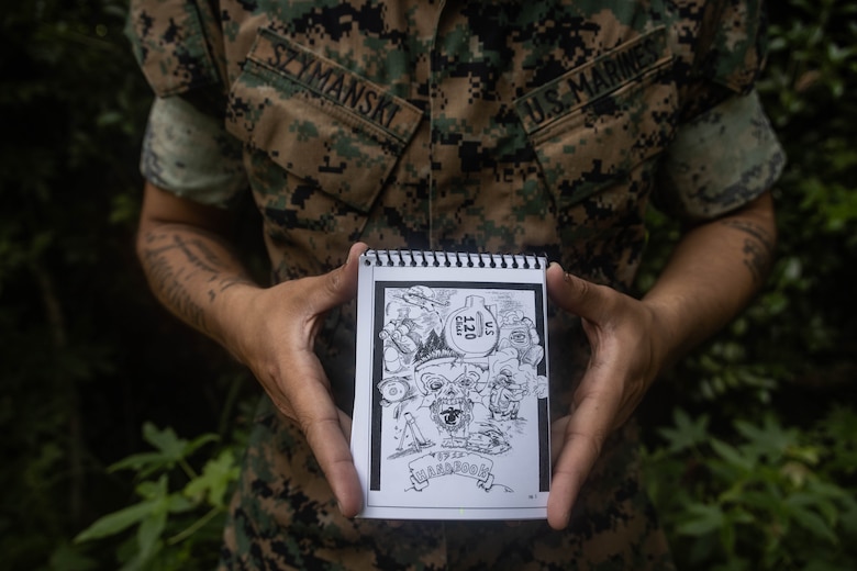 U.S. Marine Corps Sgt. Samuel Szymanski, a Toledo, Ohio native and team leader with Alpha Company, 1st Battalion, 6th Marine Regiment, 2d Marine Division, holds a copy of the 0311 Handbook he created on Marine Corps Base Camp Lejeune, North Carolina, June 27, 2024. The 59-page 0311 Handbook includes basic infantry skills and condensed versions of relevant Marine Corps publications that infantry Marines can carry on hand to reference at any time. (U.S. Marine Corps photo by Sgt. Alexa M. Hernandez)