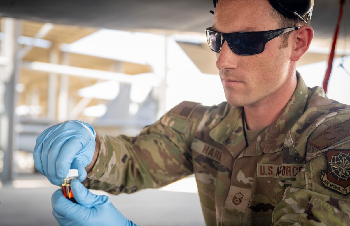 U.S. Air Force Master Sgt. Rob Hardy, 821st Contingency Response Squadron Airman maintenance flight chief, performs F-15C Eagle maintenance at Fresno Air National Guard Base, California, May 22, 2024.