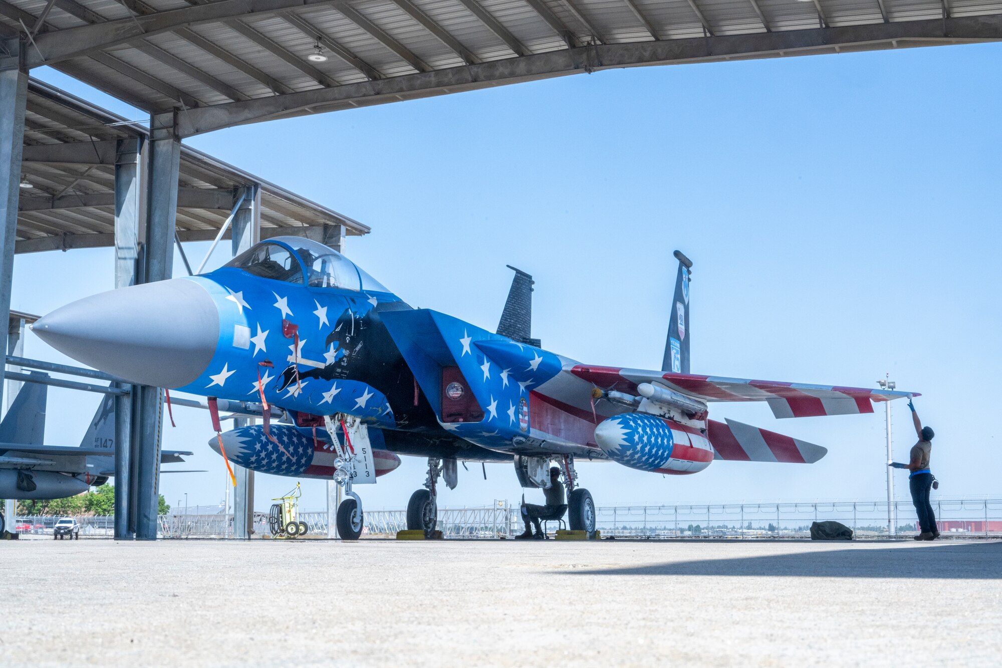 A F-15C Eagles awaits flight at Fresno Air National Guard Base, California, May 22, 2024.