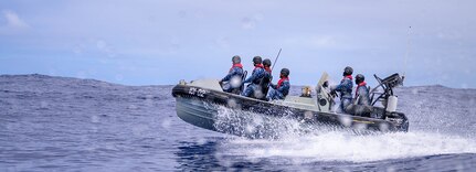 A rigid hull inflatable boat from the Mexican Reformador-class frigate, ARM Belito Juárez (POLA-101), transits the Pacific Ocean during a visit, board, search and seizure (VBSS) drill as part of Exercise Rim of the Pacific (RIMPAC) 2024, July 15.