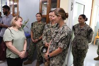 PORT VILA, Vanuatu (July 19, 2024) – Ambassador Ann Marie Yastishock, left, U.S. Ambassador to the Independent State of Papua New Guinea, Solomon Islands and the Republic of Vanuatu, speaks with members of the medical team deployed with Pacific Partnership 24-2 in the newly opened intensive care unit at Port Vila Central Hospital, July 19, 2024. Pacific Partnership is the U. S. Navy's largest humanitarian and civic assistance mission with partner-nations, non-governmental organizations and other government agencies to execute a variety of humanitarian civic action missions across the Indo-Pacific. The annual mission is designed to strengthen relationships and improve U.S. and partner-capacity to deliver humanitarian assistance and disaster-relief preparedness. (U.S. Navy photo by Mass Communication Specialist 1st Class Ryan D. McLearnon/Released)