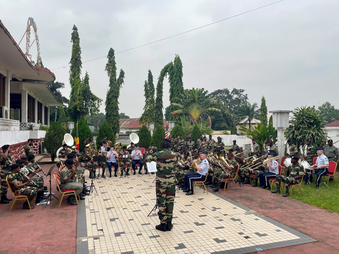 U.S. Air Forces in Europe-Air Forces Africa Band brass quintet “Five Star Brass” and Congolese Army Band Brazzaville jointly performed the Congolese Anthem. The performance was recorded and will be published on August 15 for Congolese Independence Day.  The USAFE-AFAFRICA Band serves as a bridge to increase cultural ties and enrich the partnerships between the U.S. and Republic of the Congo through music. (U.S. Air Force photo by Dominik Halnais)